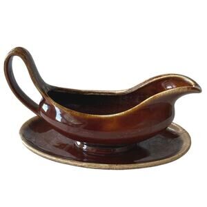 Hull Pottery, Vintage Gravy Boat, Saucer Set, Brown Drip, Dinnerware, Serveware